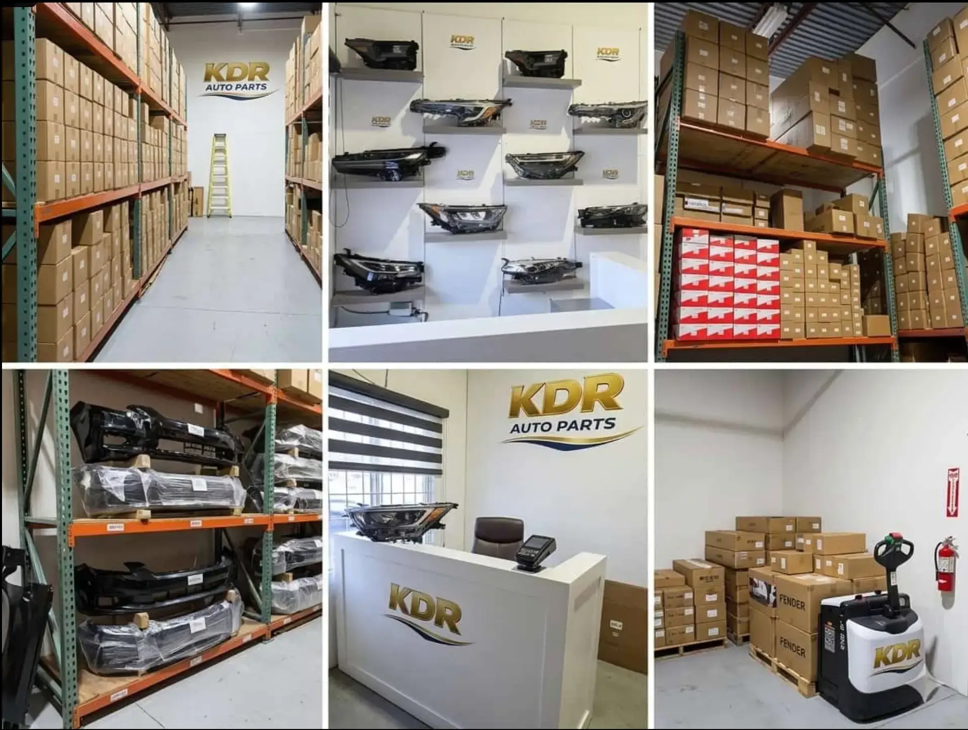 Views of KDR warehouse aisles, stocked shelving, headlight displays and reception